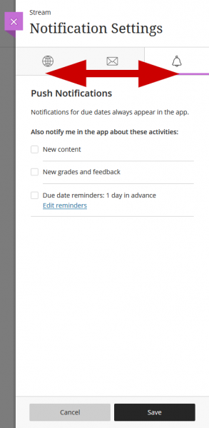 screenshot of push notifications menu