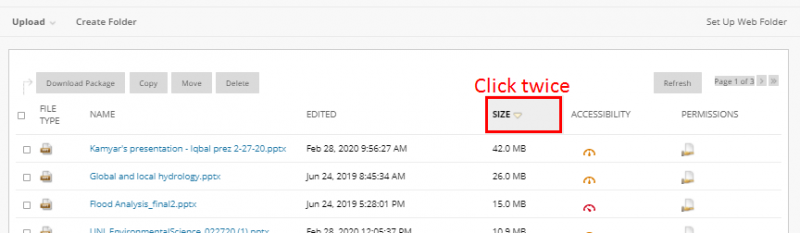 screenshot showing &quot;Size&quot; in header row