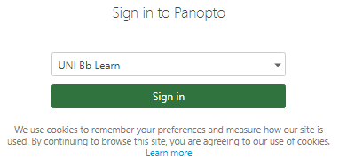 Sign in to Panopto webpage with a dropdown menu and a green &quot;Sign in&quot; button.