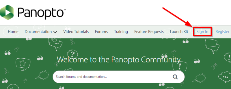 Panopto Community page with red arrow pointing at &quot;Sign in&quot;