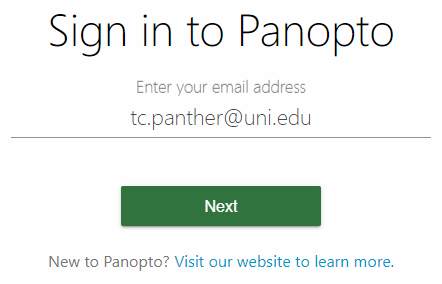 Panopto Sign in page with UNI email entered