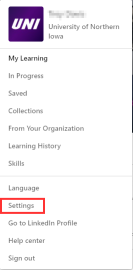 LinkedIn Learning &quot;Me&quot; Dropdown Box With red box around &quot;Settings&quot;