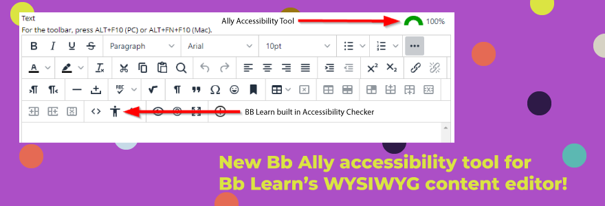 Image of New Bb Ally for What You See Is What You Get Content Editor with arrows pointing to Ally score